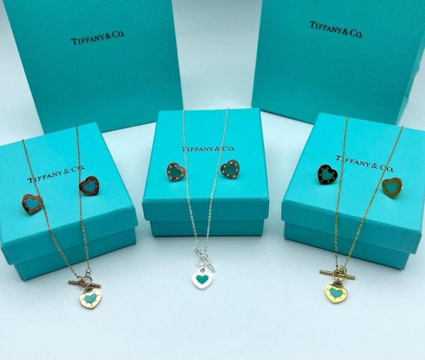 Tiffany & Co. Mini Keyhole Heart Lock Necklaces & Earrings Sets For Women's in Different Colors