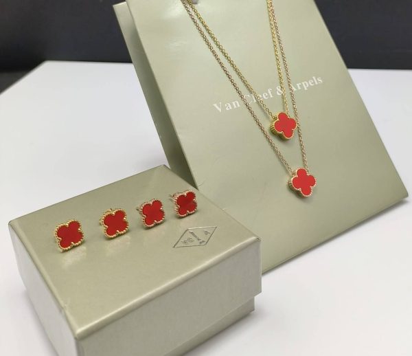 Van Cleef & Arpels Four Leaf Clover Red Necklace & Earrings Sets For Women's in Different Chain Colors