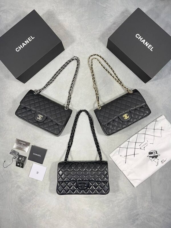 Chanel CC Quilted Caviar Double Flap Black Shoulder Bag For Women's in Different Logo Colors