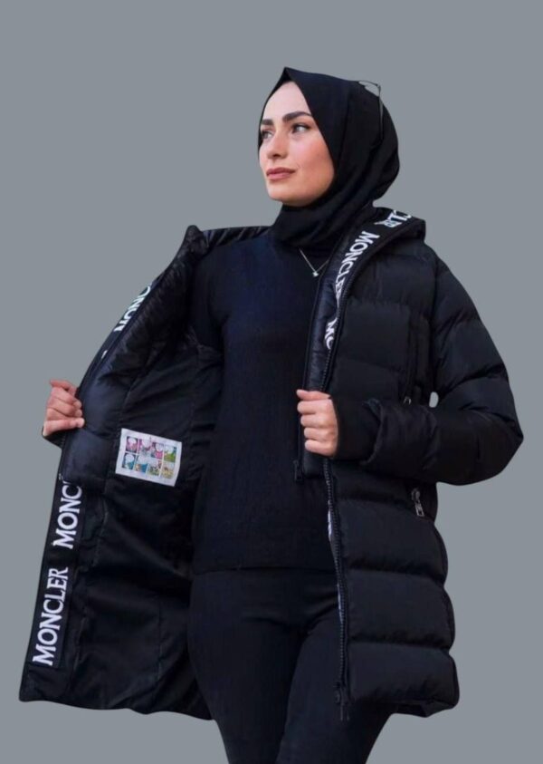 Moncler Padded Coat With Writing Around Hood Long Jacket in Black Color