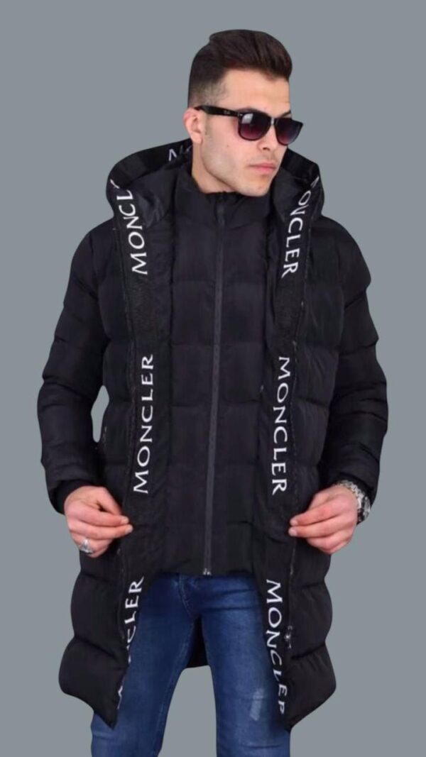 Moncler Padded Coat With Writing Around Hood Long Jacket in Black Color